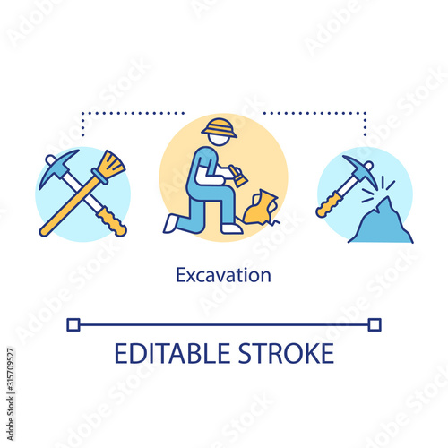 Excavation concept icon. Archeological researching. Treasure hunting. History of ancient civilizations idea thin line illustration. Vector isolated outline drawing. Editable stroke