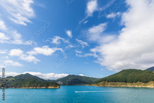 Wallpaper Mural New Zealand, Marlborough Region, Picton, White summer clouds over Marlborough Sounds and forested coastline of South Island Torontodigital.ca