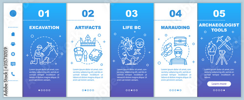 Archeology onboarding mobile web pages vector template. Historical science. Responsive smartphone website interface idea with linear illustrations. Webpage walkthrough step screens. Color concept