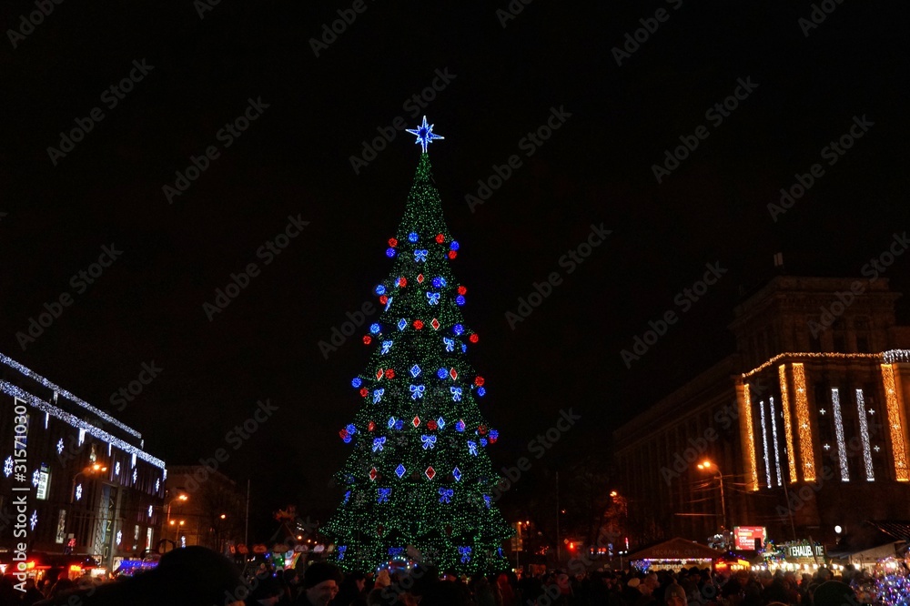  Beautiful New Year tree in the city center. Dnieper. Ukraine.