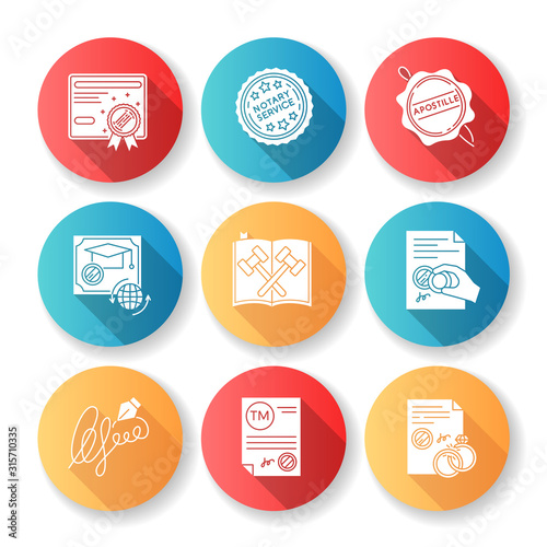 Notary services flat design long shadow glyph icons set. Apostille and legalization. Legal document. Certificate. Legal code. License. Diploma. Signature. Silhouette RGB color illustration