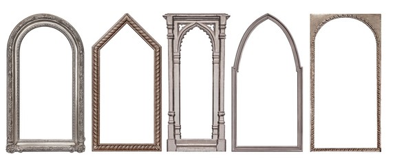 Set of silver gothic frames for paintings, mirrors or photo isolated on white background