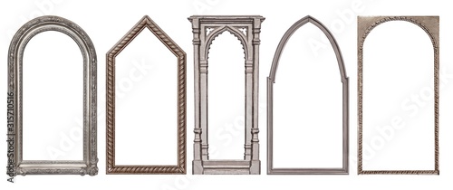 Set of silver gothic frames for paintings, mirrors or photo isolated on white background