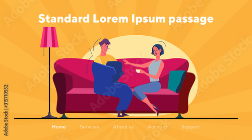 Wife taking care of husband being sick. Man having temperature bundling up in plaid flat vector illustration. Common cold, caregiving for banner, website design or landing web page