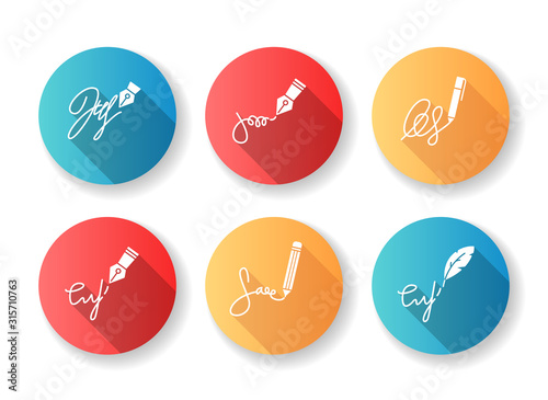 Signatures flat design long shadow glyph icons set. Apostille and legalization. Handwriting. Autograph. Proof of identity. Evidence of consent. Notary services. Silhouette RGB color illustration
