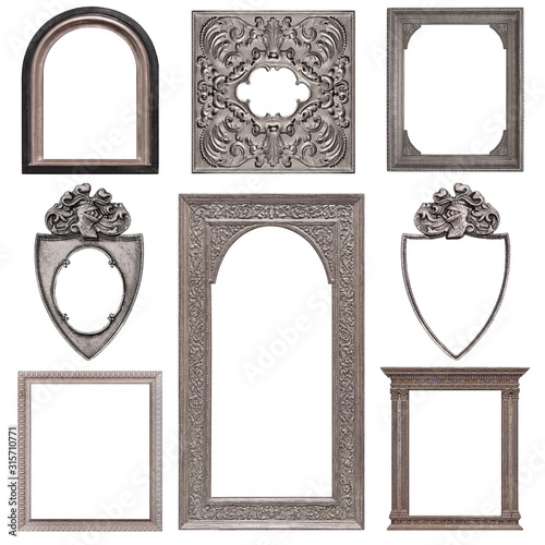 Set of silver gothic frames for paintings, mirrors or photo isolated on white background