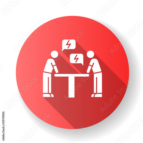 Negotiation red flat design long shadow glyph icon. Dialogue between parties. Argument. Opposing interests. Conflict. Dispute. Lawsuit. Rivals, adversaries. Silhouette RGB color illustration