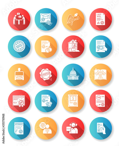 Notary services flat design long shadow glyph icons set. Apostille and legalization. Notarized document. Legal paper. Notarization. Legislature. Certificate. License. Silhouette RGB color illustration