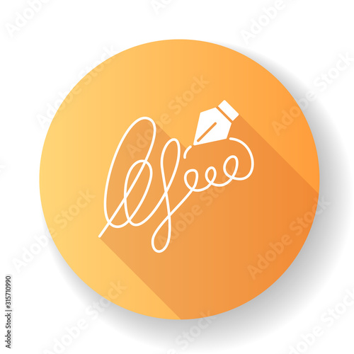 Signature orange flat design long shadow glyph icon. Handwriting. Autograph. Proof of identity. Evidence of consent. Apostille and legalization. Notary services. Silhouette RGB color illustration