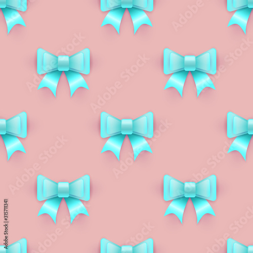 Trendy background. Beautiful seamless pattern made of blue ribbon bows on pink. Endless texture for wedding, baby shower, birthday party. Modern pattern for surfaces. Vector design.