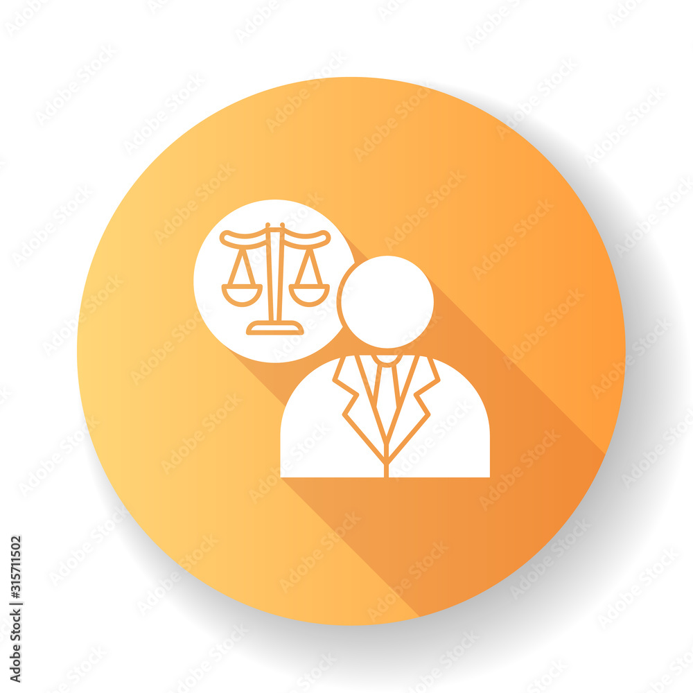 Lawyer orange flat design long shadow glyph icon. Attorney. Advocate. Legal representative. Courthouse. Legislature, law enforcement. Justice. Legal assistance. Silhouette RGB color illustration Lawyer orange flat design long shadow glyph icon. Attorney. Advocate. Legal representative. Courthouse. Legislature, law enforcement. Justice. Legal assistance. Silhouette RGB color illustration