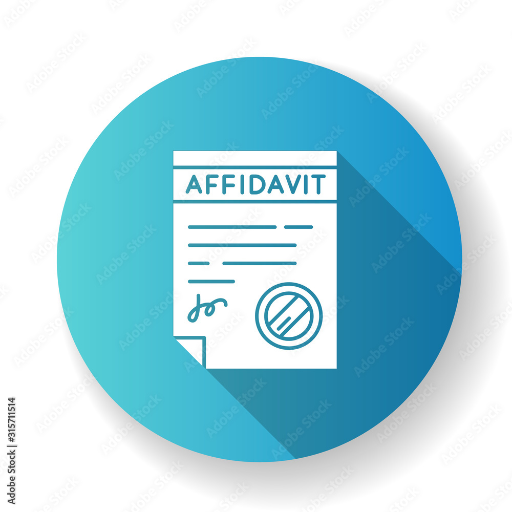 Confirmed affidavit blue flat design long shadow glyph icon. Signed notarized document. Apostille and legalization. Written statement. Declaration. Notary services. Silhouette RGB color illustration Confirmed affidavit blue flat design long shadow glyph icon. Signed notarized document. Apostille and legalization. Written statement. Declaration. Notary services. Silhouette RGB color illustration