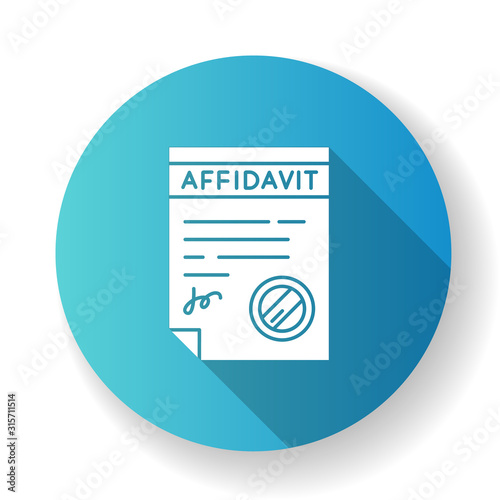 Confirmed affidavit blue flat design long shadow glyph icon. Signed notarized document. Apostille and legalization. Written statement. Declaration. Notary services. Silhouette RGB color illustration