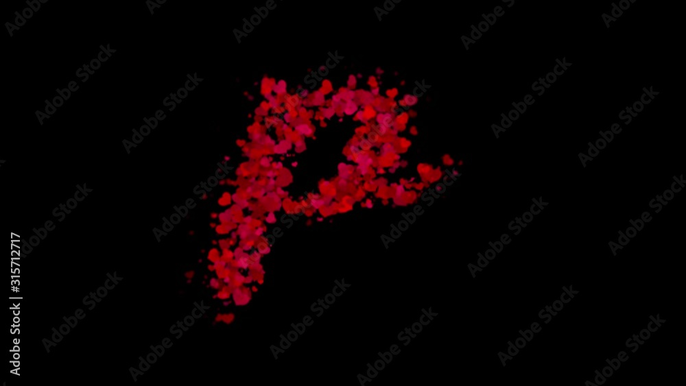 Letter P lowercase made from red hearts reveals in center and fades away with wind.