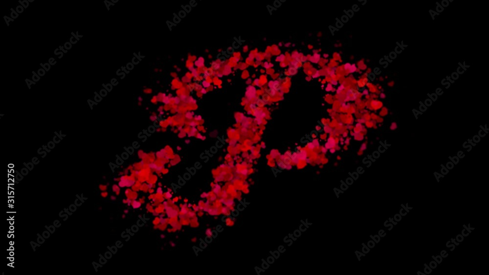 Letter P uppercase made from red hearts reveals in center and fades away with wind.