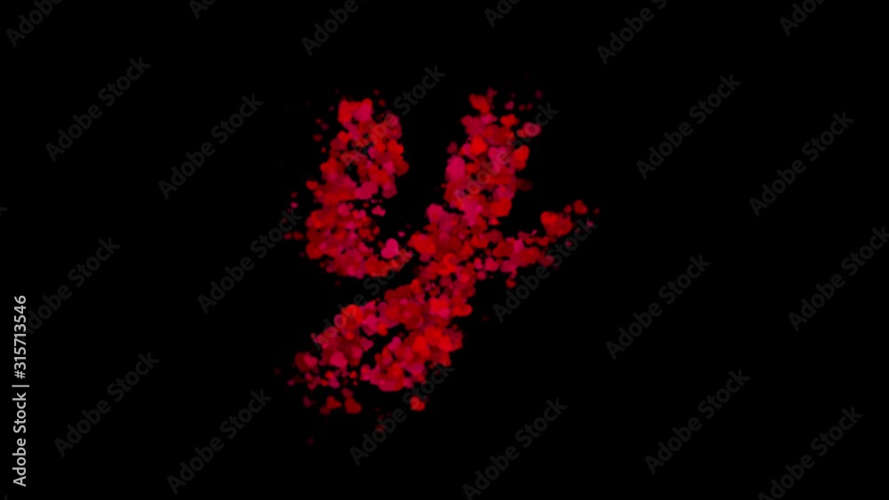 Letter Y lowercase made from red hearts reveals in center and fades away with wind.