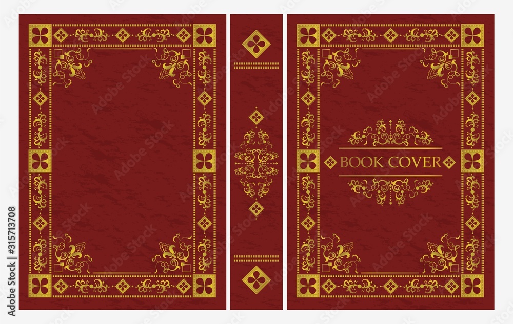 Red and gold ornament of classical book cover vector flat illustration
