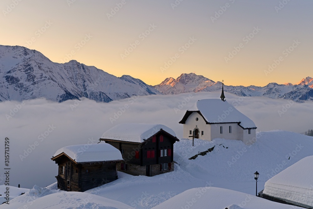 house and chapel in the mountains, Bettmeralp Switzerland