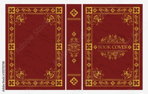 Red and gold ornament of classical book cover vector flat illustration. Decorative vintage frame or border for printing on royal retro style covers of books isolated on white background