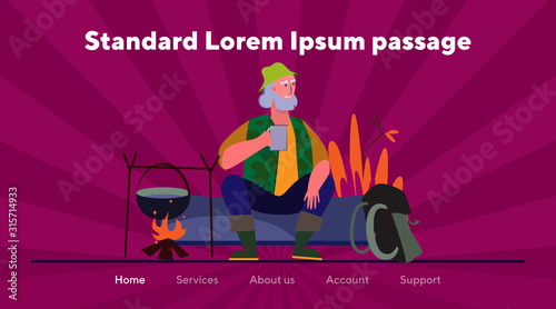 Aged traveler drinking tea near campfire. Old man sitting on log flat vector illustration. Camping, hiking, expedition concept for banner, website design or landing web page
