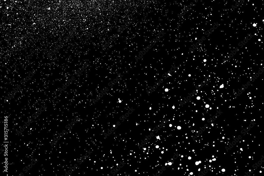 White Grainy Texture Isolated On Black Background. Dust Overlay. Light Coloured Noise Granules. Snow Vector Elements. Digitally Generated Image. Illustration, Eps 10.