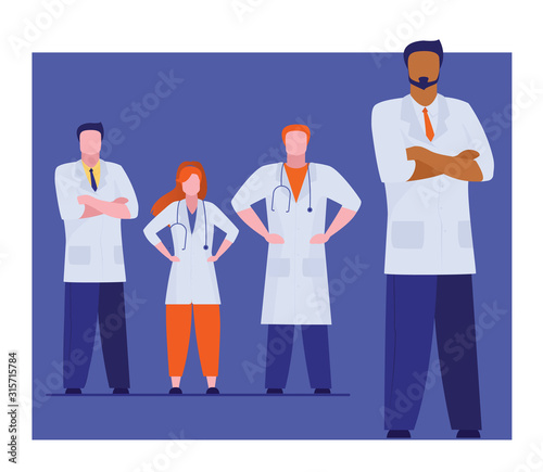 Medical administrator and his team standing confidently. Group of doctors posing flat vector illustration. Medical services, health care workers concept for banner, website design or landing web page