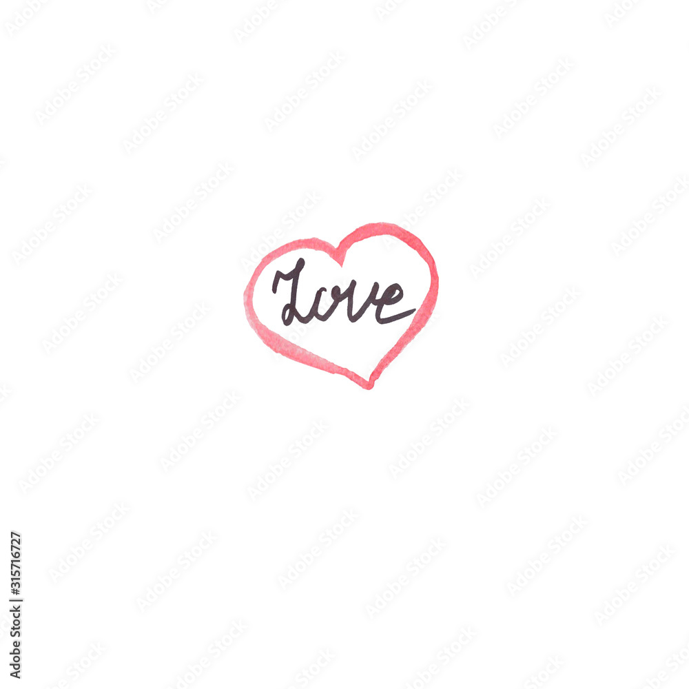 HAnd drawn lettering love in shape of red watercolor heart isolated on white. Concept of love, happy valentines day, 14 february, relations, feelings, wrapping paper, icon