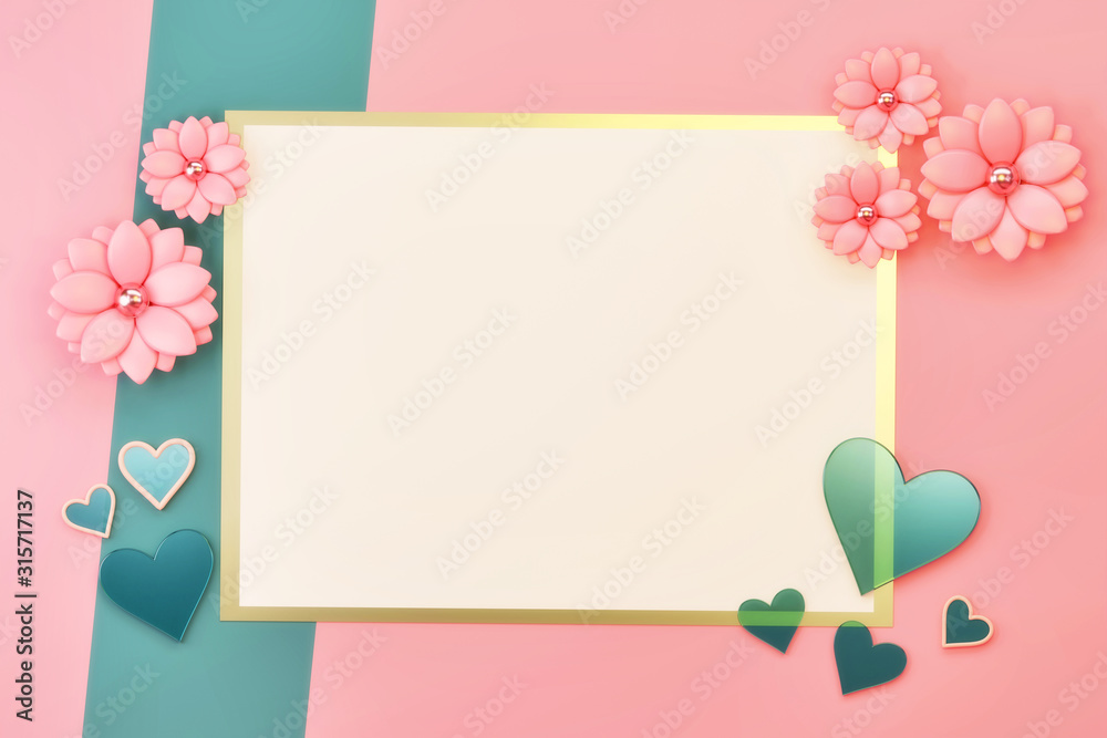 Soft Pink Pastel Flat Lay with Blank Paper and Hearts, Flowers Decoration, 3D render.