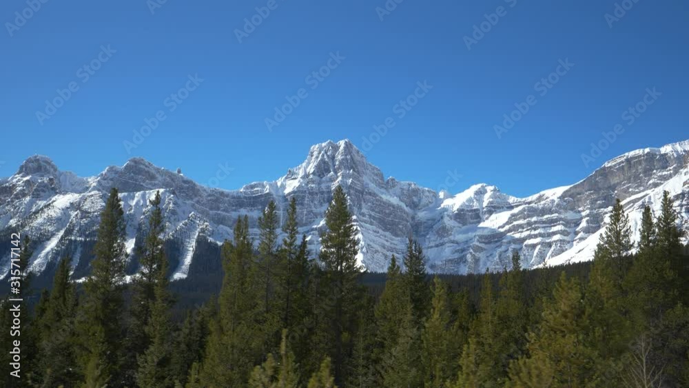 AERIAL: Flying along pine forest under the stunning snow capped Canadian Rockies. Scenic view of the Rocky Mountains towering above the pine woods in Jasper National Park. Drone view of a rocky ridge. AERIAL: Flying along pine forest under the stunning snow capped Canadian Rockies. Scenic view of the Rocky Mountains towering above the pine woods in Jasper National Park. Drone view of a rocky ridge.