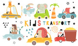 Kids transport collection with cute animals on white background. Hand drawn. Doodle cartoon cars for nursery posters, cards, t-shirts. Vector illustration. Car, taxi, cabriolet.