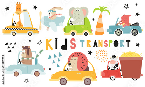 Photo Kids transport collection with cute animals on white background