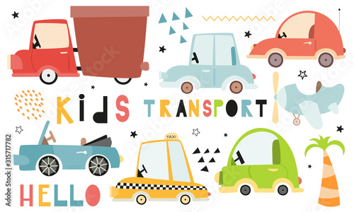 Cute Kids transport set on white background. Hand drawn. Doodle cartoon cars for nursery posters, cards, t-shirts. Vector illustration. Car, taxi, cabriolet.