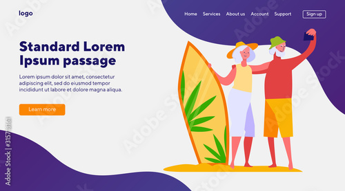 Senior couple with surfboard taking selfie. Retired surfers enjoying summer on beach flat vector illustration. Surfing, vacation, resort concept for banner, website design or landing web page