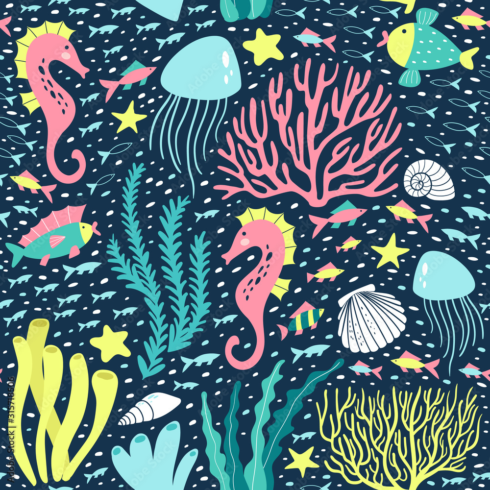 Seamless pattern with seaweed, corals and underwater animals. Vector