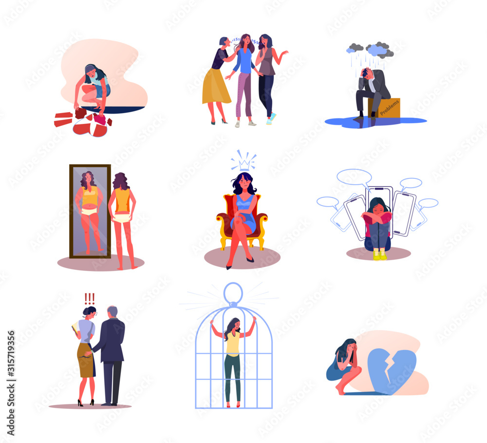 Set of people experiencing negative emotions. Flat vector illustrations of men and women disappointed by life situations. Sadness, disappointment concept for banner, website design or landing web page Set of people experiencing negative emotions. Flat vector illustrations of men and women disappointed by life situations. Sadness, disappointment concept for banner, website design or landing web page