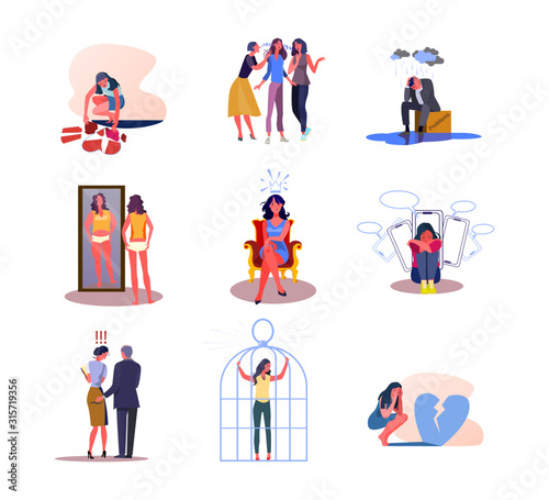 Set of people experiencing negative emotions. Flat vector illustrations of men and women disappointed by life situations. Sadness, disappointment concept for banner, website design or landing web page