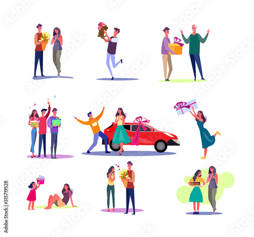 Set of giving presents unexpectedly. Flat vector illustrations of people presenting gifts for relatives and friends. Giving presents concept for banner, website design or landing web page