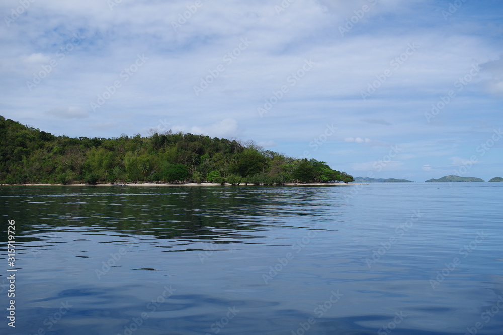 A small forested island in the Philippines archipelago. Isle is surrounded by the blue, calm waters of the ocean and azure, clear sky. There are few clouds, day is very bright and sunny. 