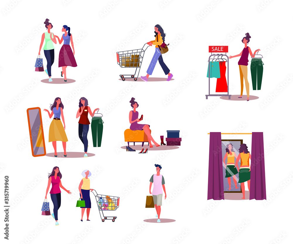 Set of women shopping. Flat vector illustrations of women choosing clothing, shoes, shopping at grocery store. Shopping concept for banner, website design or landing web page Set of women shopping. Flat vector illustrations of women choosing clothing, shoes, shopping at grocery store. Shopping concept for banner, website design or landing web page