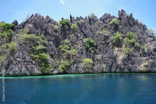 A big rocky island in the Philippines archipelago. The water of the ocean is calm and rippling slightly. The sky is clear and blue. It's a sunny warm summer day.  © fabula_rasa