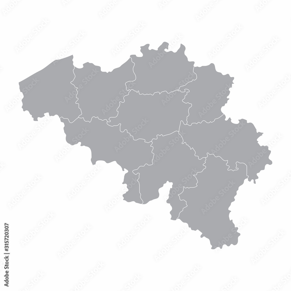 A gray map of Belgium divided into regions