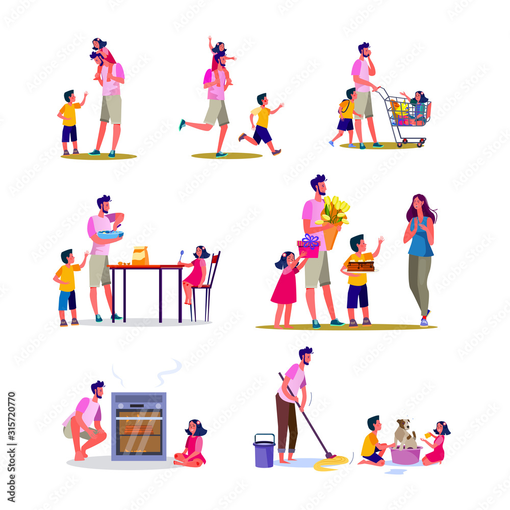 Set of young father doing various housework. Flat vector illustrations of father playing with kids, cleaning, cooking, shopping. Daily routine concept for banner, website design or landing web page Set of young father doing various housework. Flat vector illustrations of father playing with kids, cleaning, cooking, shopping. Daily routine concept for banner, website design or landing web page