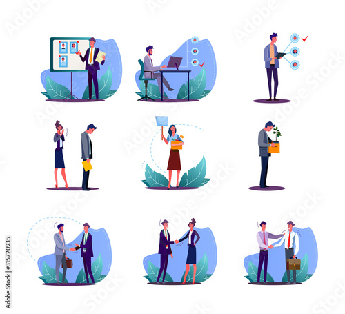 Set of office employees finding and losing job. Flat vector illustrations of employers hiring and firing staff. Human resource management concept for banner, website design or landing web page
