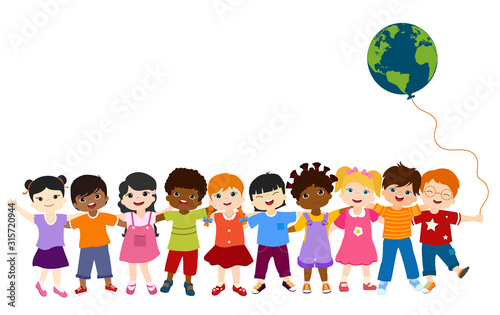 Communication isolated group of diverse multiethnic children standing together and holding each other. Diversity and culture. Oneness and friendship. Community. Multicultural Kindergarten. Childhood