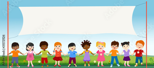 Group of multiethnic diverse children holding hands. Diversity and culture. Unity and friendship. Community of children with different nationalities. Multicultural kindergarten. Copy space
