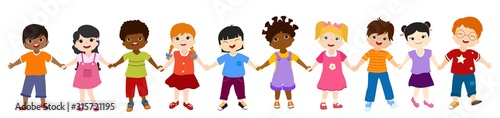 Isolated group of multiethnic diverse children holding hands. Diversity and culture. Unity and friendship. Community of children with different nationalities. Multicultural kindergarten. Childhood