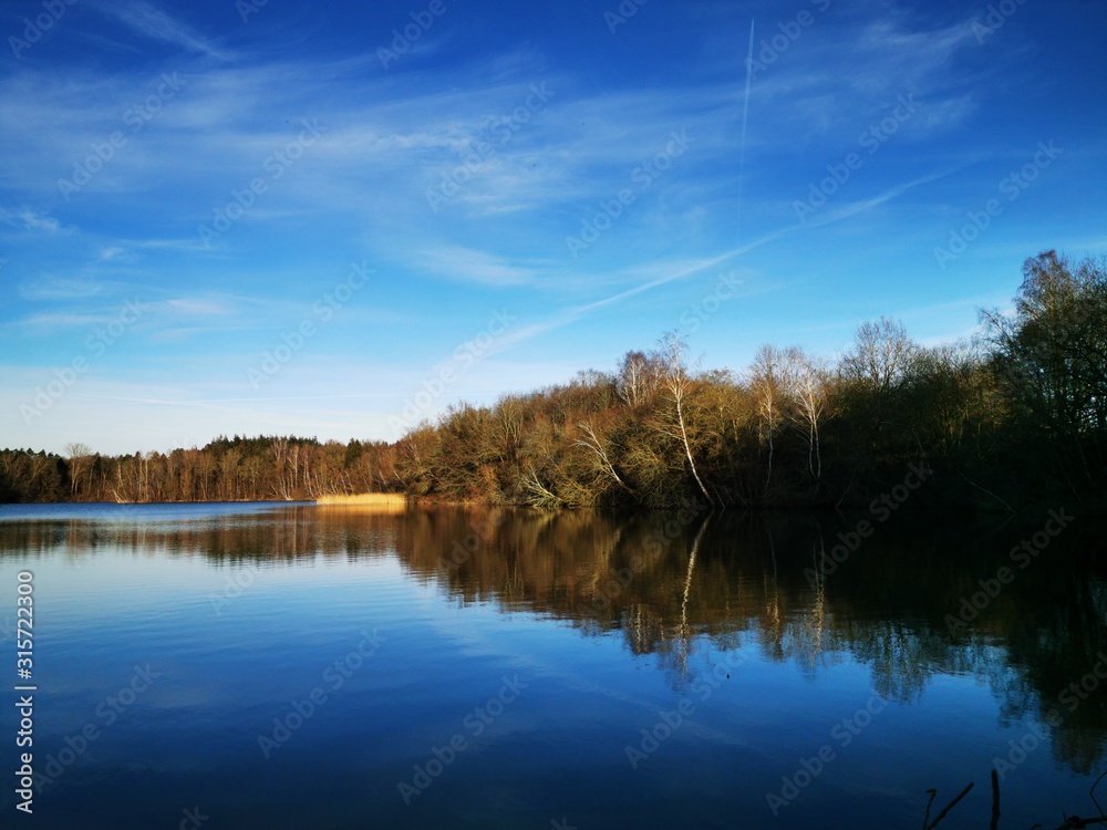 A quiet calm lake in January with different dark and light blue tones sky and trees that are reflected on the shore in the water and magnificent panorama with far-sightedness