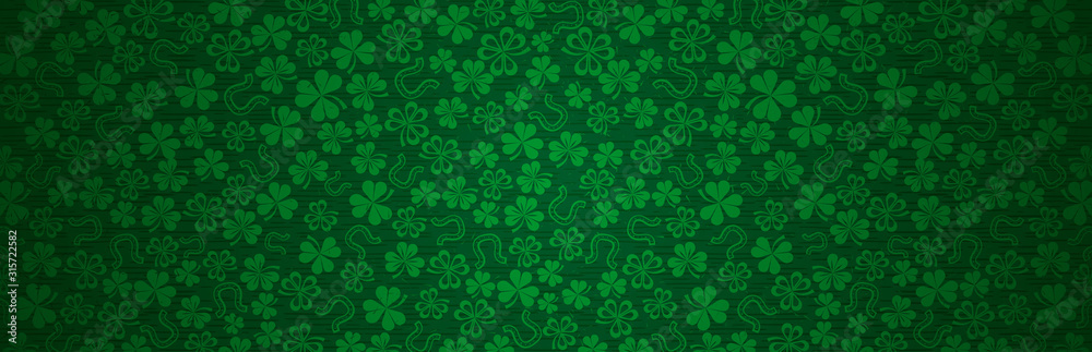 Green Patricks Day greeting banner with green clovers. Patrick's Day holiday design. Horizontal background, headers, posters, cards, website. Vector illustration