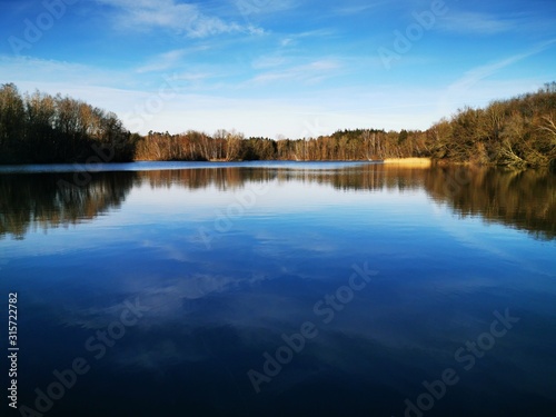 A quiet calm lake in January with different dark and light blue tones sky and trees that are reflected on the shore in the water and magnificent panorama with far-sightedness