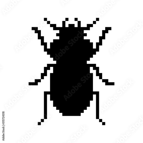 Vector pixel bug icon. Computer virus pictogram. Black bug icon isolated on white background.  Internet security theme.